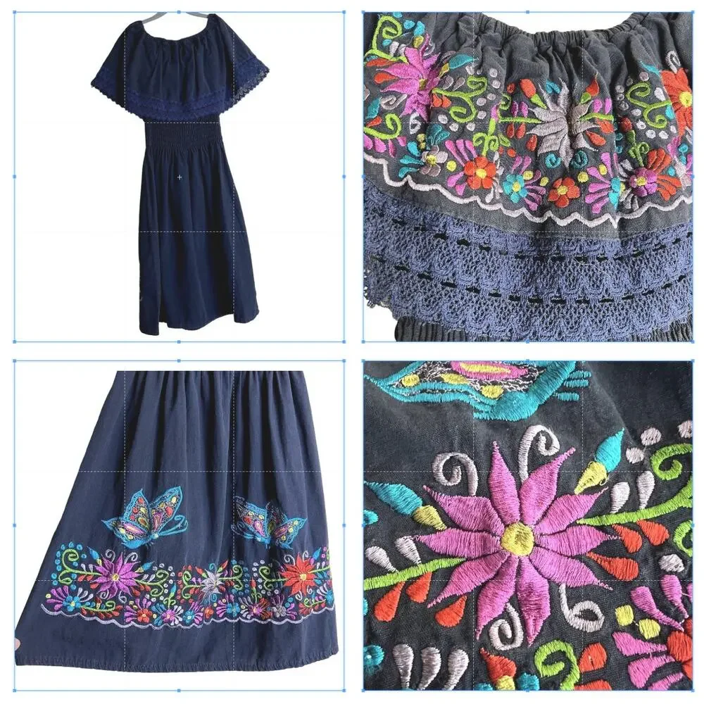Artisan Mexican Embroidered Campesina Peasant Dress Girls 7-8 Black Boho